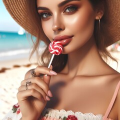 Close-up of a beautiful woman on a beach holding a lollipop