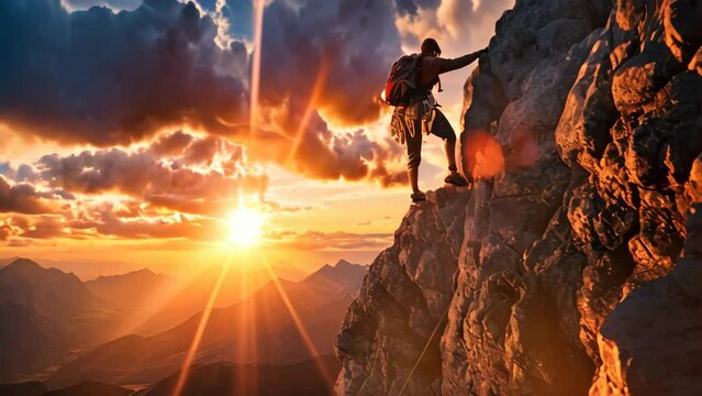 Silhouette of a climber on top of a mountain, climber on sunset, AI Generated