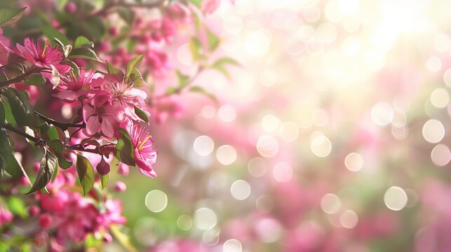 Spring background with flowers, blurred bokeh, free place for text. Greeting card for spring holidays. Template for Birthday, Women's Day, Mother's Day. Floral picture 