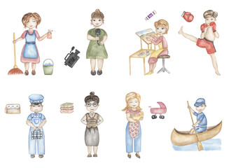 Kids Characters Collection: Set of different professions in cartoon style, Abc illustration, watercolor children educational: home cleaner, journalist, illustrator, kickboxer, milkmen, teacher, nanny