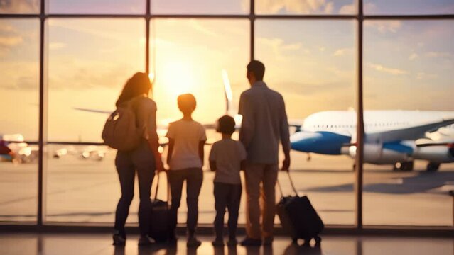 Family Traveling at Airport Terminal Traveling Holiday Vacation Concept, Family Standing With Their Backs To The Airport Window, AI Generated