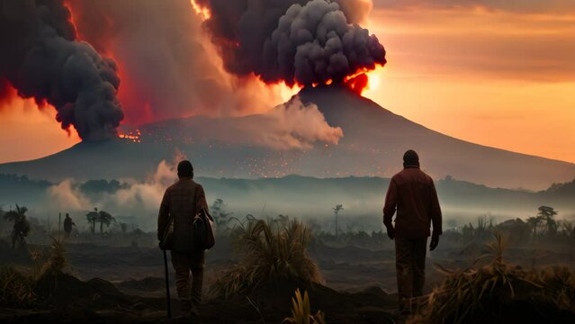 Two men stand side by side, mesmerized by the breathtaking sight of a towering volcano., Methane gas in front of nyiragongo congo volcano, AI Generated