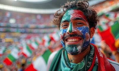 Portrait of a passionate male Italian fan celebrating at a UEFA EURO 2024 football match, his face painted with the colors and patterns of the Italian flag, radiating enthusiasm and national pride - obrazy, fototapety, plakaty