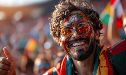 Vibrant Portrait of a Joyful male Portugal Supporter with a Portugese Flag Painted on His Face, Celebrating at UEFA EURO 2024 - obrazy, fototapety, plakaty