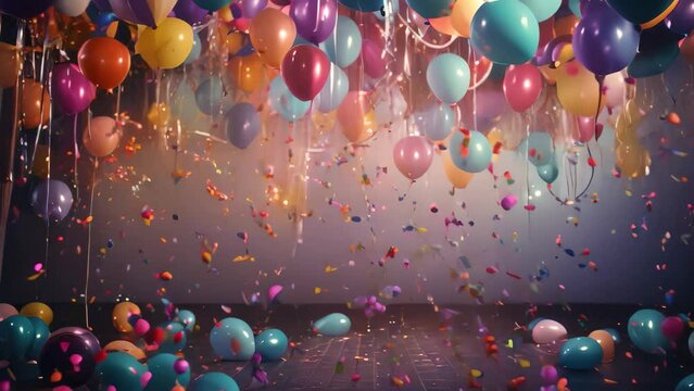 A vibrant collection of balloons suspended in the atmosphere, creating a vivid and uplifting scene., Party Background with lights, confetti, balloons and serpentine, AI Generated