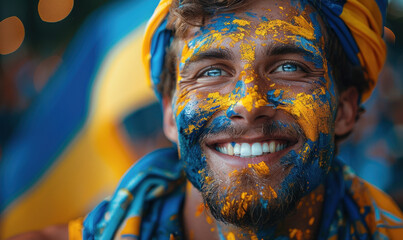 Portrait of a passionate male Ukrainian fan celebrating at a UEFA EURO 2024 football match, his face painted with the colors and patterns of the Ukraine flag, radiating enthusiasm and national pride - obrazy, fototapety, plakaty