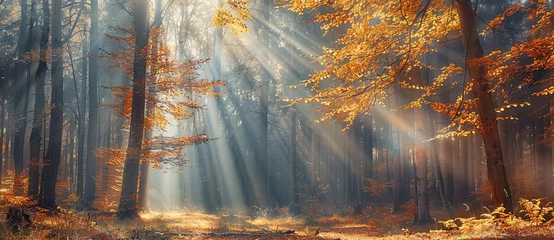 Poster In the autumn forest, sunlight shines through tall trees and forms rays of light on the ground. © EnelEva