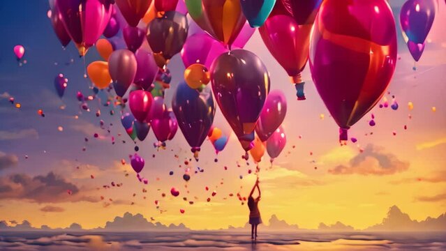 A person flies a bunch of colorful balloons high in the sky, embracing the thrill of freedom and adventure., People reach their hand to colorful hearts in the sky, AI Generated