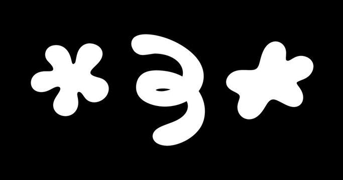 Set of White Naive playful Abstract Animated Shapes: Stains, Blots, Squiggles. Hand-Drawn Loop 4K Video on Transparent Background, Alpha Channel. Doodle arbitrary stickers, artistic element for text.