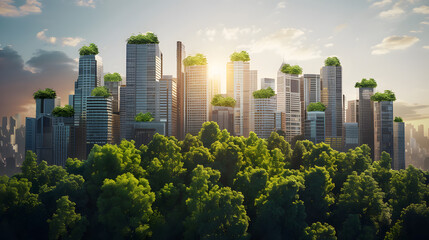 Green city with skyscrapers and green trees. 3d rendering - obrazy, fototapety, plakaty
