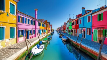 Fototapeta na wymiar Burano island with colorful houses and buildings on embankment of narrow water canal with fishing boats and view of Venetian Lagoon, Province of Venice, Veneto Region, Northern Italy. Burano postcard