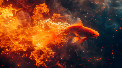 Goldfish swimming in the water with fire and smoke on dark background - obrazy, fototapety, plakaty