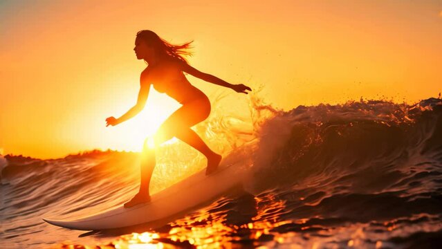 Woman Riding Wave on Surfboard, Surfing Enthusiast Skillfully Conquers the Ocean, silhouette of single female woman surfer surfing waves on his surfboard during sunset, AI Generated