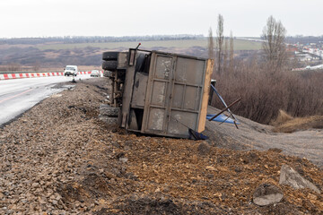 Truck accident on slippery surfaces.