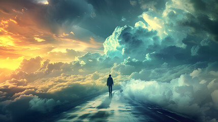 Man walking on the road in the clouds. 3D Rendering