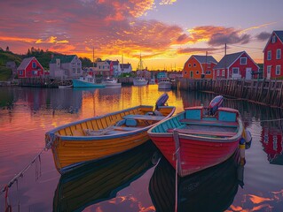 Coastal Charms: Quaint Harbors and Colorful Dwellings - Fishing Boats Adorned - Sunset Glow - Capture the charm of coastal villages with quaint harbors, colorful buildings, and fishing boats dotting 