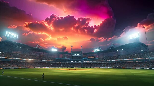 A picturesque baseball stadium with a stunning sunset creating a magical ambiance, Stadium of cricket night, AI Generated