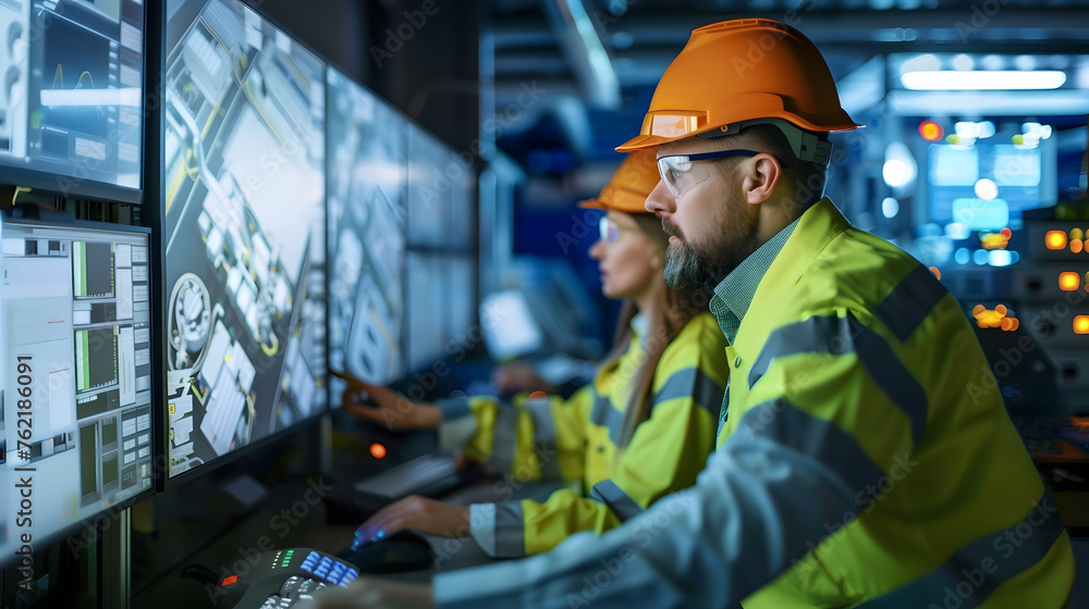 Poster engineer and technician working on the control panel of a factory.