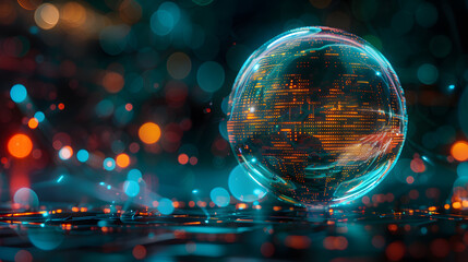 Globe with binary code on bokeh background