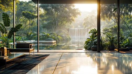 Resort Hotel Interior with Sky View through Window