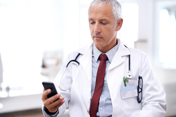 Healthcare, man and doctor with smartphone in hospital for wellness research, medical app or online...