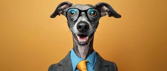 Pet dressed in business suit with glasses on bright yellow background. Loyal Friendly Dog Concept.