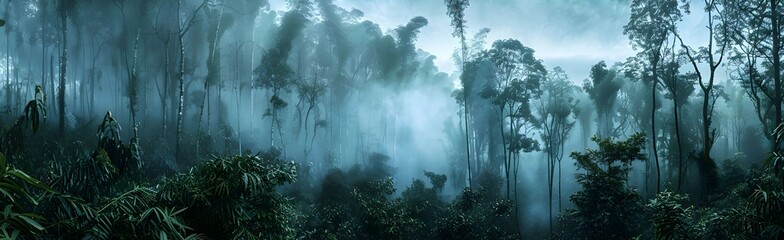 Panoramic view of misty rainforest trees with fog and rays, showcasing the natural beauty of a lush tropical rainforest canopy. Drone view with copy space. - obrazy, fototapety, plakaty