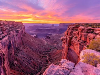 Vista of Majesty: Deep Ravines and Sheer Cliffs - Nature's Panoramic Canvas - Sunset Spectacle - Capture the breathtaking beauty of a canyon overlook with deep ravines, sheer cliffs - obrazy, fototapety, plakaty