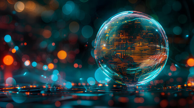 Globe with binary code on bokeh background