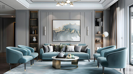 Modern living room interior design with blue armchairs, sofa and coffee table.