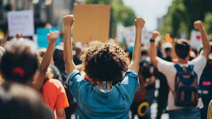 Rear view of a young african american woman raising her hands up while protesting outdoors