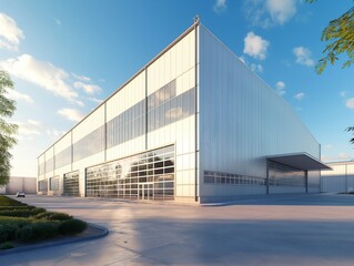 Exterior of a contemporary industrial warehouse with reflective glass windows under a clear sky at golden hour.