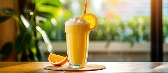 A glass of freshly squeezed Rangpur orange juice served with ice and a drinking straw, placed on a table - obrazy, fototapety, plakaty