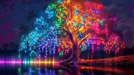 a tree with a rich canopy stands on the shore of the lake and if come at night, as if thousands and thousands of colourful little Christmas lights illuminate it