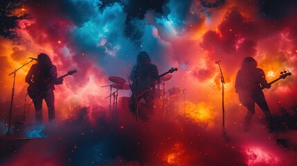 Rock band performing on stage on colorful background. Guitarist, bass guitar and drums on stage. - obrazy, fototapety, plakaty