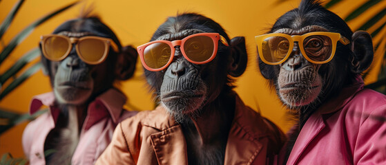 A trio of chimps in stylish attire and sunglasses pose as if in a fashion shoot on a yellow and green backdrop