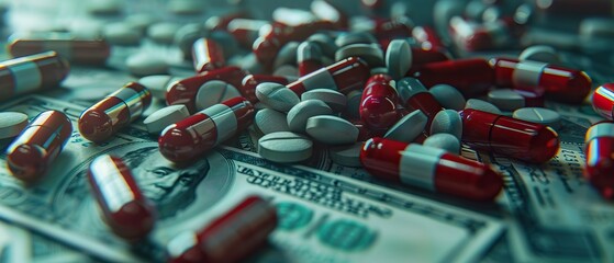 Capsules and syringes scattered over banknotes, a conceptual image hinting at healthcare costs - obrazy, fototapety, plakaty