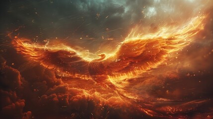 In the midst of a swirling storm, a powerful phoenix rises from the ashes, its fiery wings ablaze with an otherworldly light as it prepares to take flight.