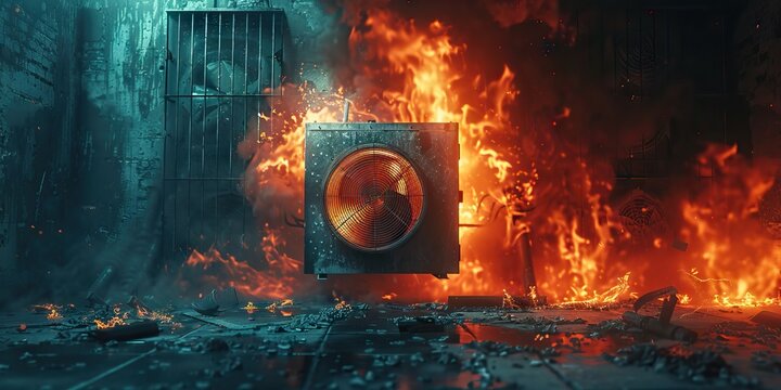 Air conditioner in a fiery meltdown, a stark symbol of appliance failure and fire hazard