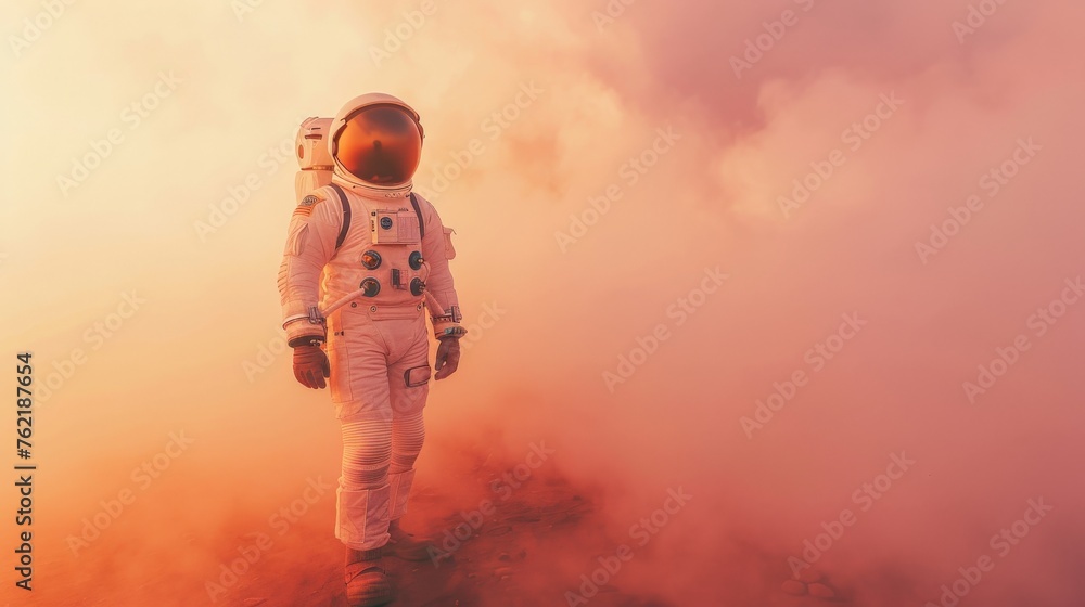 Poster courageous astronaut in the space suit explores red planet mars covered in mist. adventure. space tr
