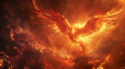 In the midst of a swirling storm, a powerful phoenix rises from the ashes, its fiery wings ablaze with an otherworldly light as it prepares to take flight. - obrazy, fototapety, plakaty