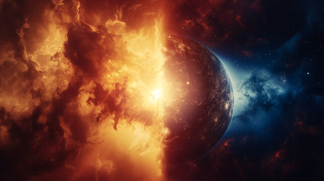 A representation of the cosmic moment described in Genesis, as God divides light from darkness, crafting the Earth against the backdrop of an infant universe.