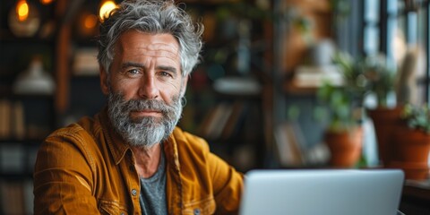 A handsome, senior businessman with a bearded, grey-haired appearance sits in a cafe with a laptop.
