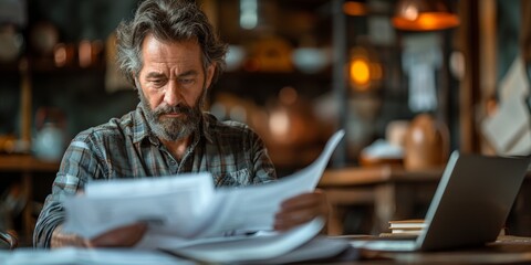 A serious, focused elderly entrepreneur with a wrinkled newspaper, laptop, and documents in a cafe.