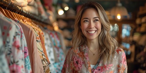 A cheerful and alluring portrait of an Asian employee in a fashionable boutique, radiating happiness.