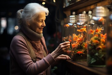 A smiling grandmother tends to colorful fishes in her aquarium jars, exuding warmth and positivity.