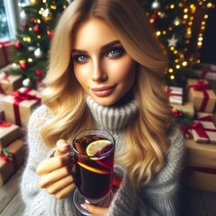 Close-up of a beautiful woman with a mulled wine in her hand, the woman is sitting in front of a Christmas tree