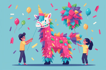 Cinco de mayo celebration. Two kids and pink pinata dancing in the party. Flat illustration 3:2