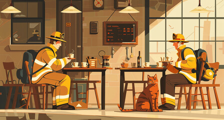Firefighters having coffee during lunchbreak. For international firefighter day.