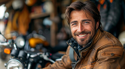 man is smiling and wearing a leather jacket. He is sitting on a motorcycle. motorcycle is parked in a garage. a smiling mechanic on a sunny day inspecting a motorcycle in a motorcycle service station - obrazy, fototapety, plakaty